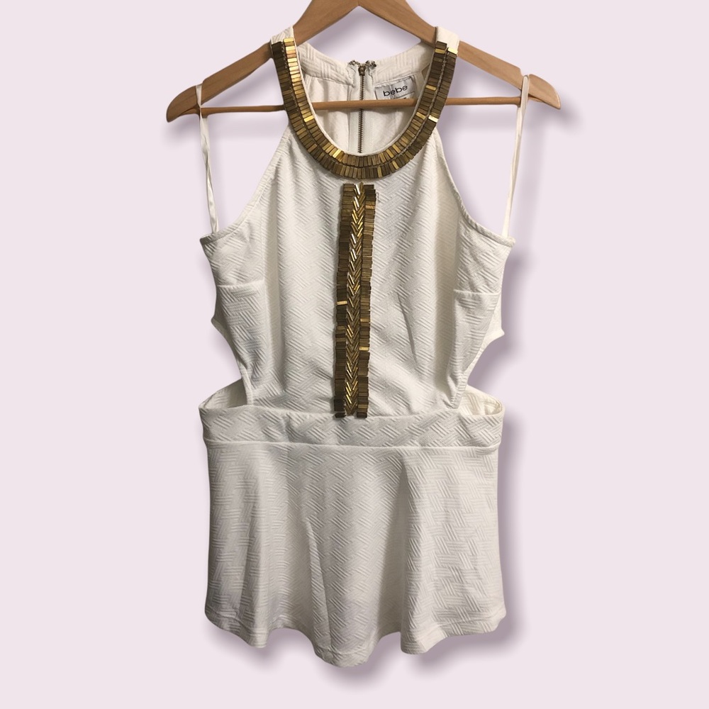NWT BeBe white gold jeweled goddess zip back cutout top